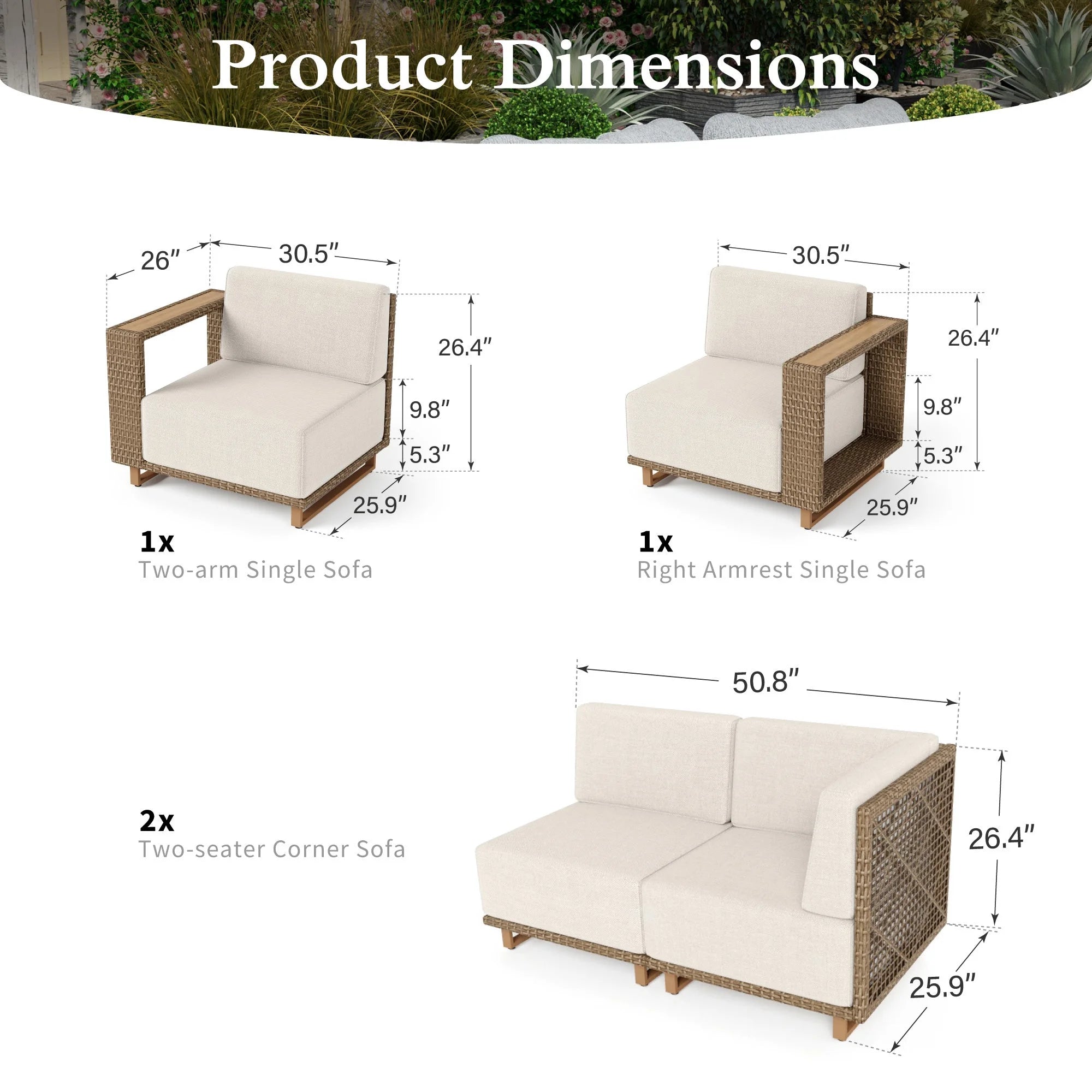 6 Pieces U-Shaped Wicker Patio Furniture Set 6-Seat Outdoor Cushioned Conversation Set, Yellow-Brown & Beige