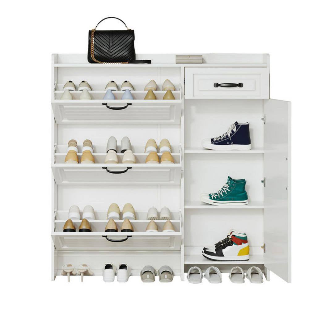 49 In. H X 47 In. W White 4 Doors Shoe Storage Cabinet with 3 Flip Drawers and 1 Drawers 22 Pairs Shoe Cabinet Organizer