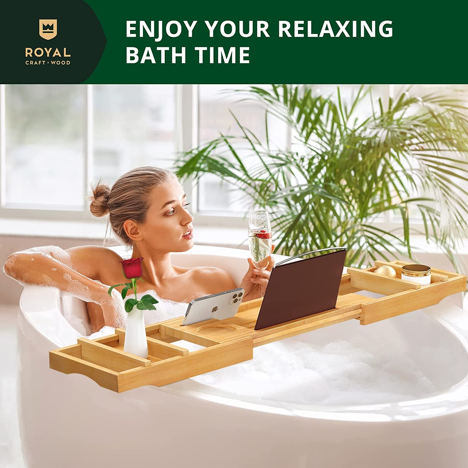 Today 2025 Premium Foldable Bathtub Tray - Wood Bath Tray for Tub, Bamboo Shelf, Expandable Bath Table Trays, Bathtub & Bathroom Accessories for New Home & Birthday Gifts for Mom