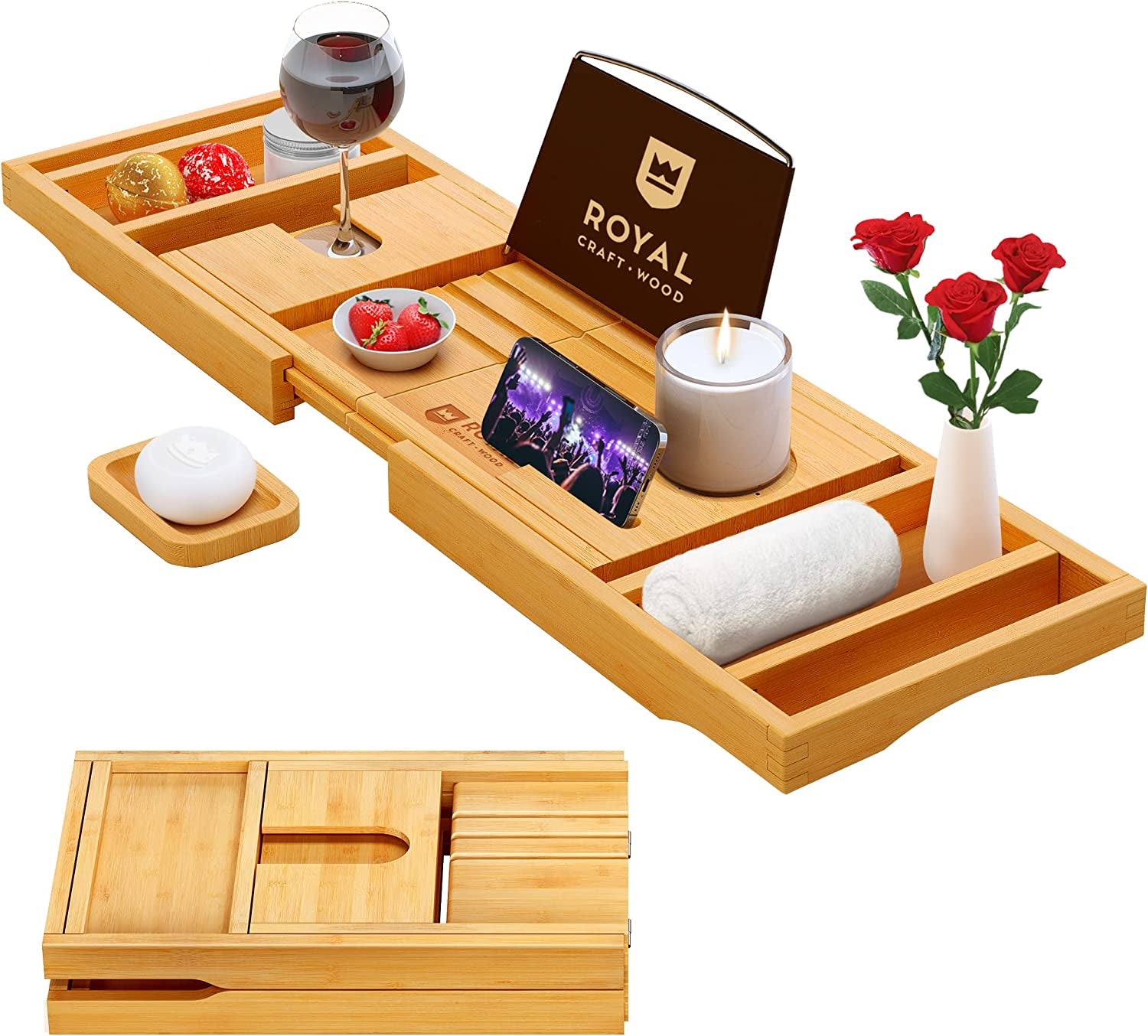 Today 2025 Premium Foldable Bathtub Tray - Wood Bath Tray for Tub, Bamboo Shelf, Expandable Bath Table Trays, Bathtub & Bathroom Accessories for New Home & Birthday Gifts for Mom