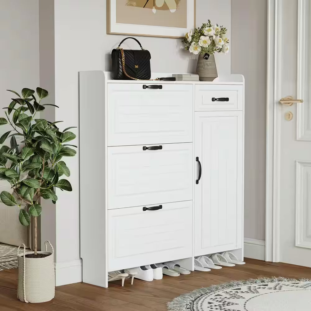 49 In. H X 47 In. W White 4 Doors Shoe Storage Cabinet with 3 Flip Drawers and 1 Drawers 22 Pairs Shoe Cabinet Organizer