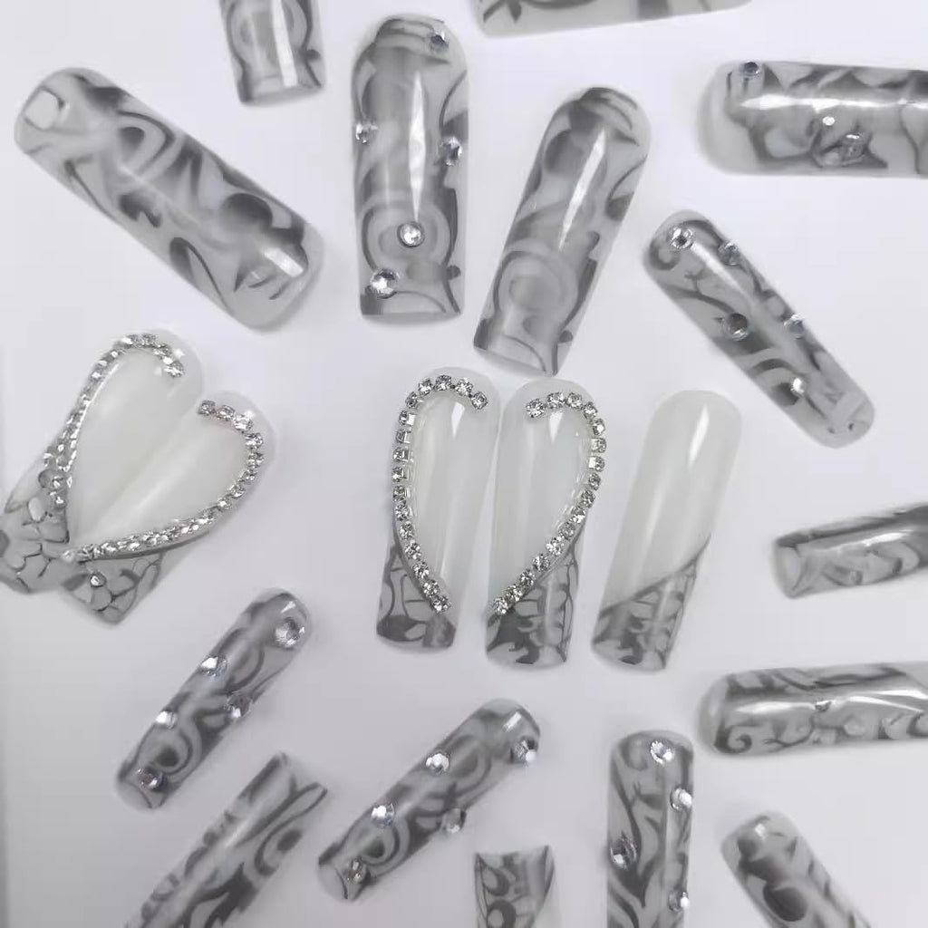 Long Press on Nails Square - Silver French Tip Fake Nails with Heart Design - Rhinestone, Elegant Full Cover Stick on False Nails - for Women 24 Pcs