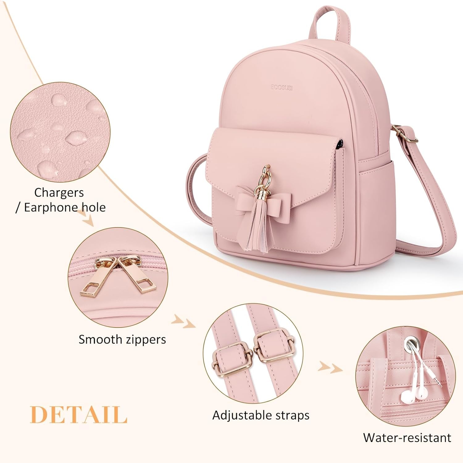 Mini Backpack for Women Girls Cute Bowknot Small Backpack Purse Ladies Leather Bookbag Satchel Bag, with Charm Tassel Pink