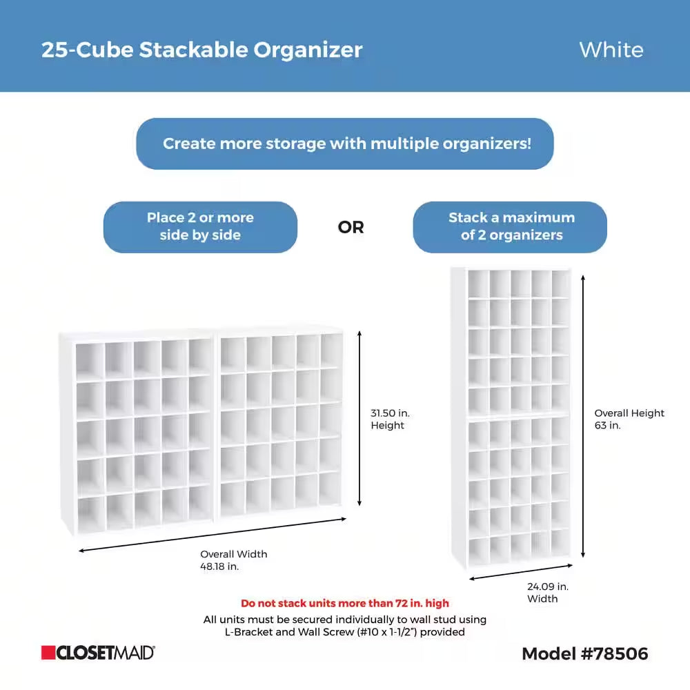 32 In. H X 24 In. W X 12 In. D White Wood Look 25-Cube Storage Organizer