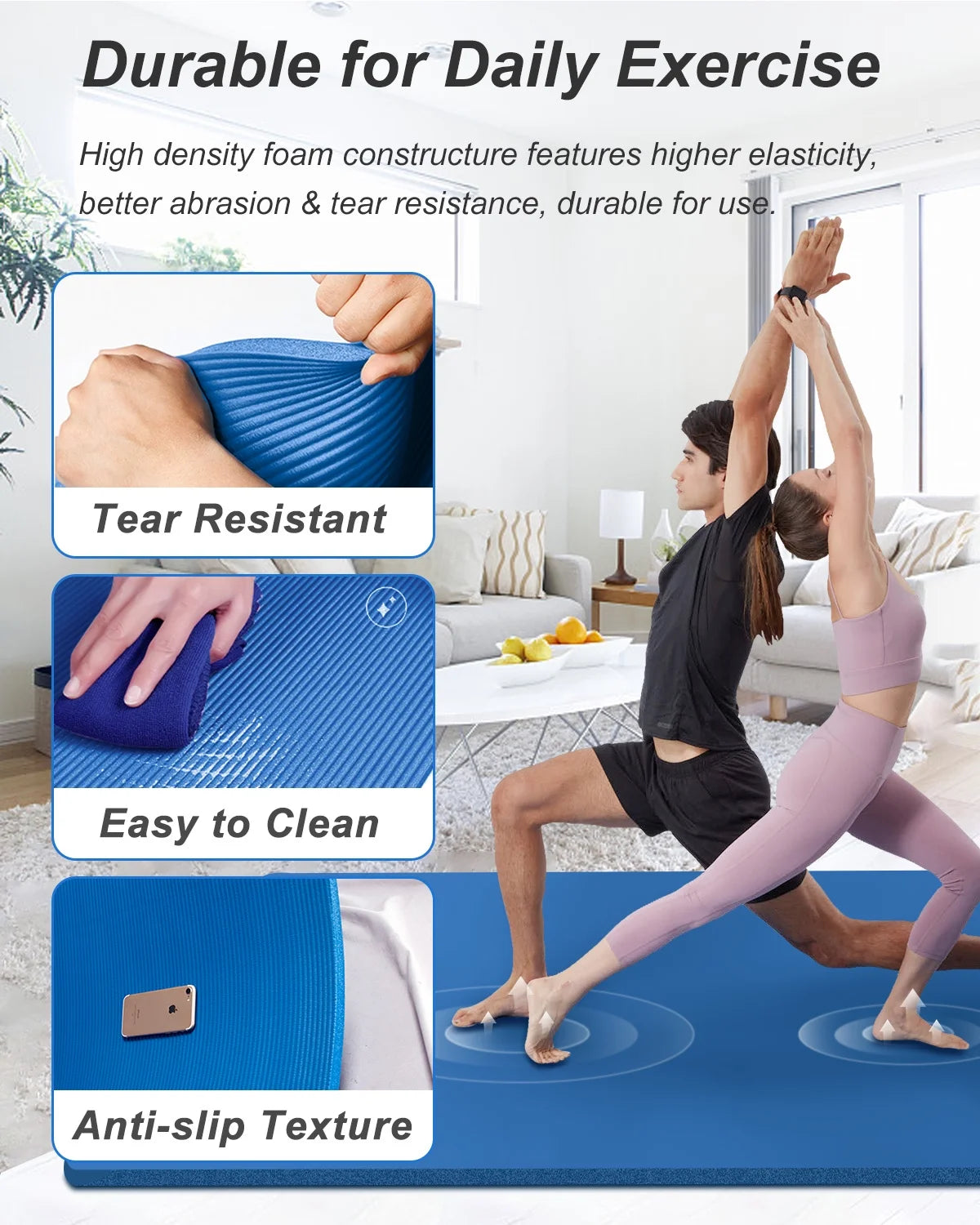 Large Exercise Mat 10Mm Thick NBR Foam for Home Gym Fitness Workout, Blue, 78X51 Inch