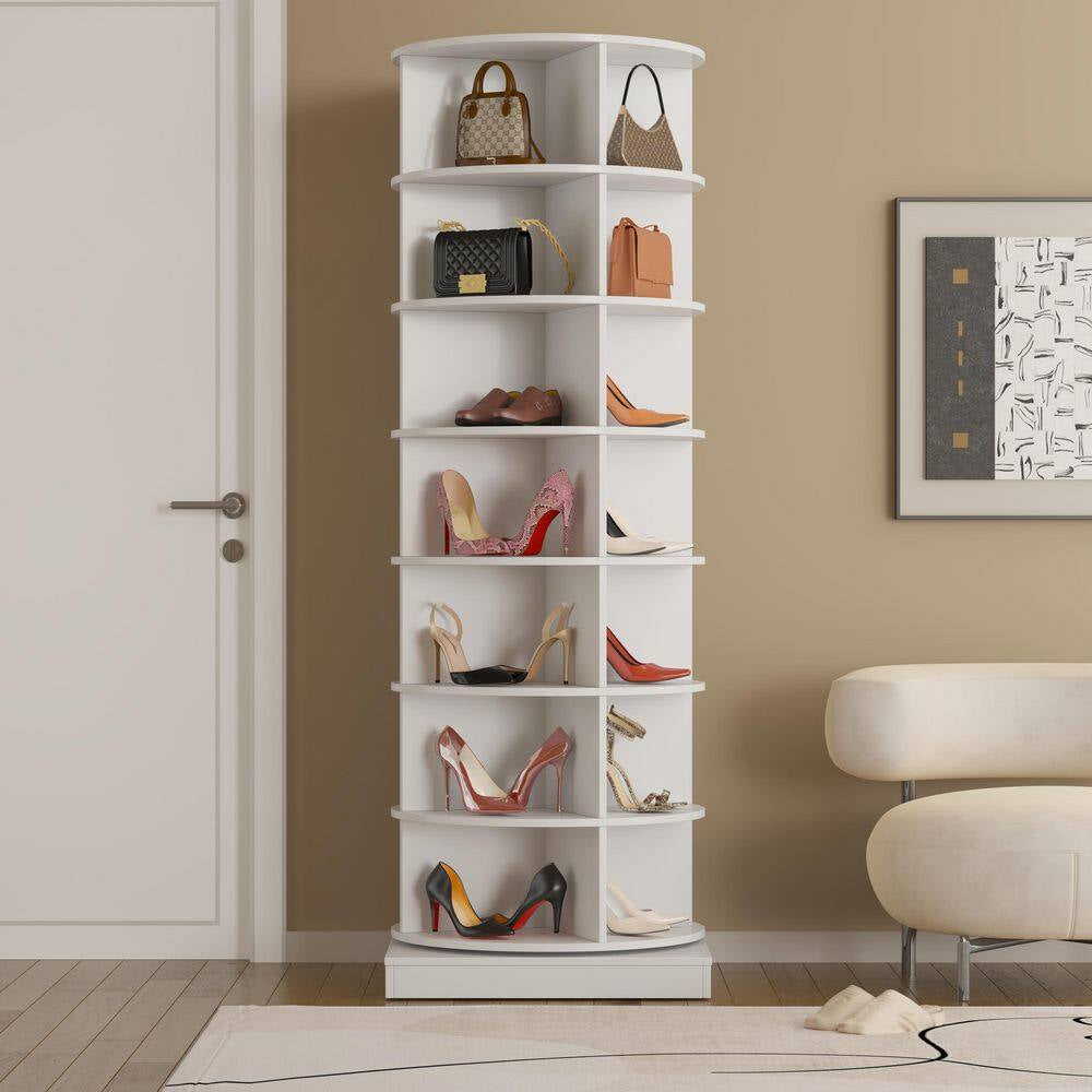 65 In. H 28 Shoes-Pairs 7 Tier 360° Spinning Rotating White Shoe Rack