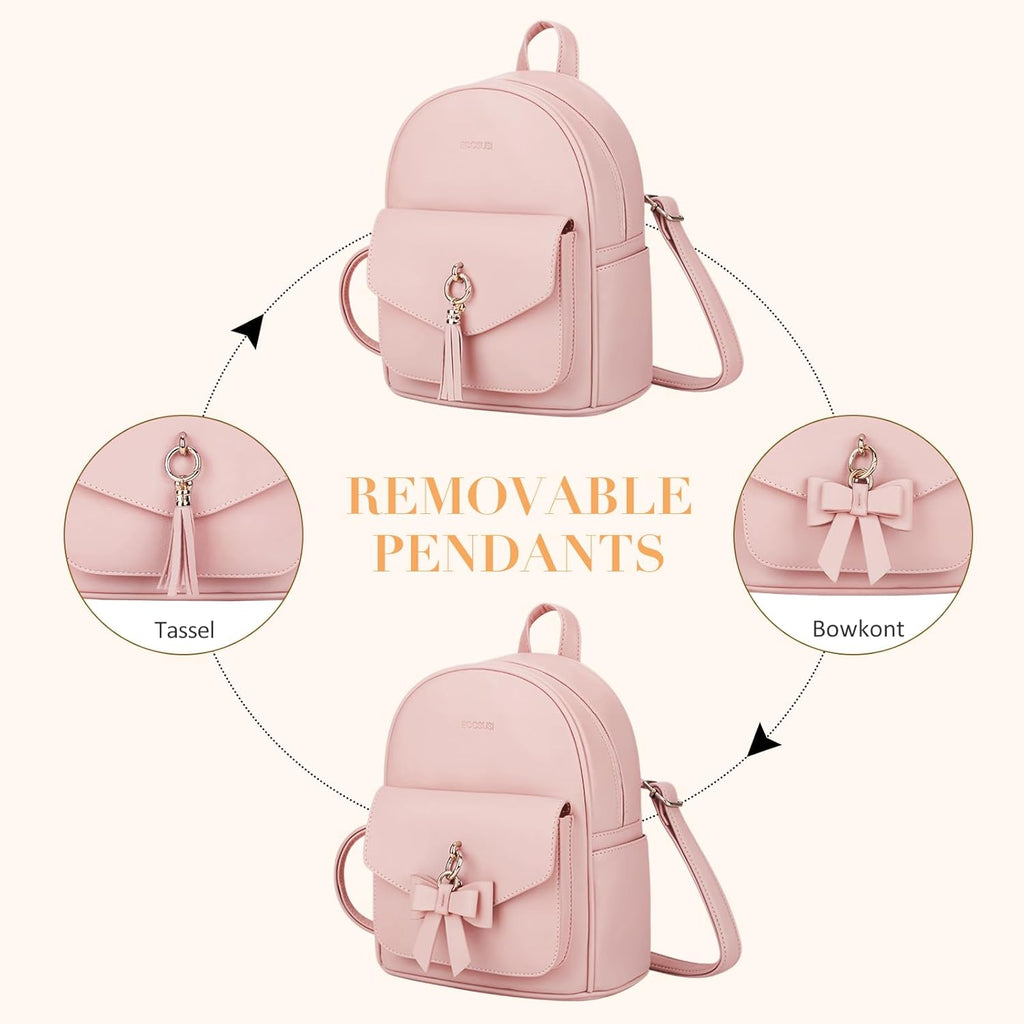 Mini Backpack for Women Girls Cute Bowknot Small Backpack Purse Ladies Leather Bookbag Satchel Bag, with Charm Tassel Pink