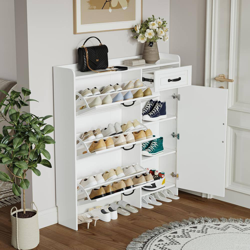 49 In. H X 47 In. W White 4 Doors Shoe Storage Cabinet with 3 Flip Drawers and 1 Drawers 22 Pairs Shoe Cabinet Organizer