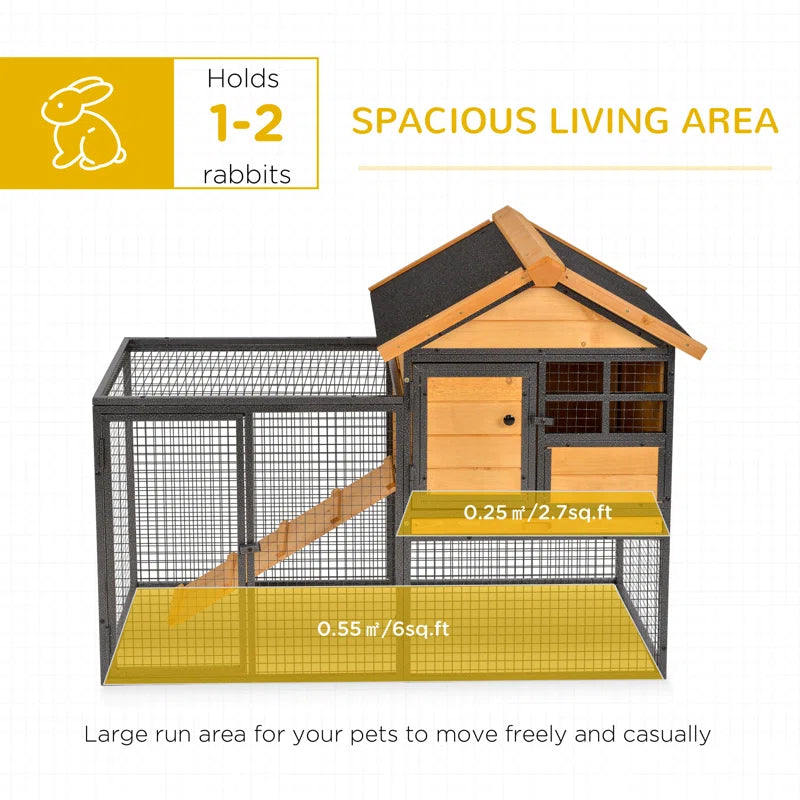 Wood-Metal Pet House Elevated Rabbit Hutch Bunny Cage Small Animal Habitat with Slide-Out Tray Lockable Door Water-Resistant Asphalt Roof for Outdoor 48" X 24.75" X 36.25" Light Yellow