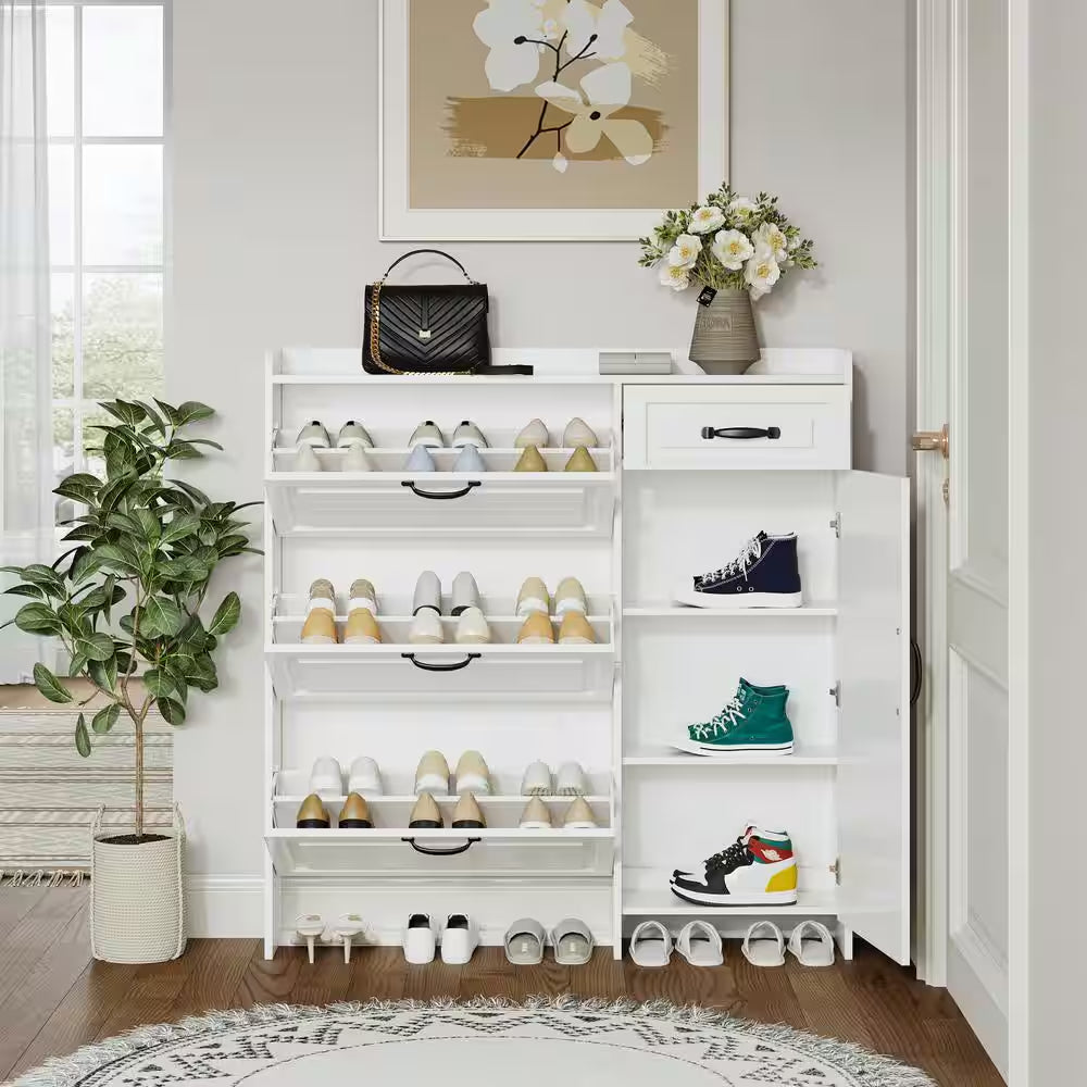 49 In. H X 47 In. W White 4 Doors Shoe Storage Cabinet with 3 Flip Drawers and 1 Drawers 22 Pairs Shoe Cabinet Organizer