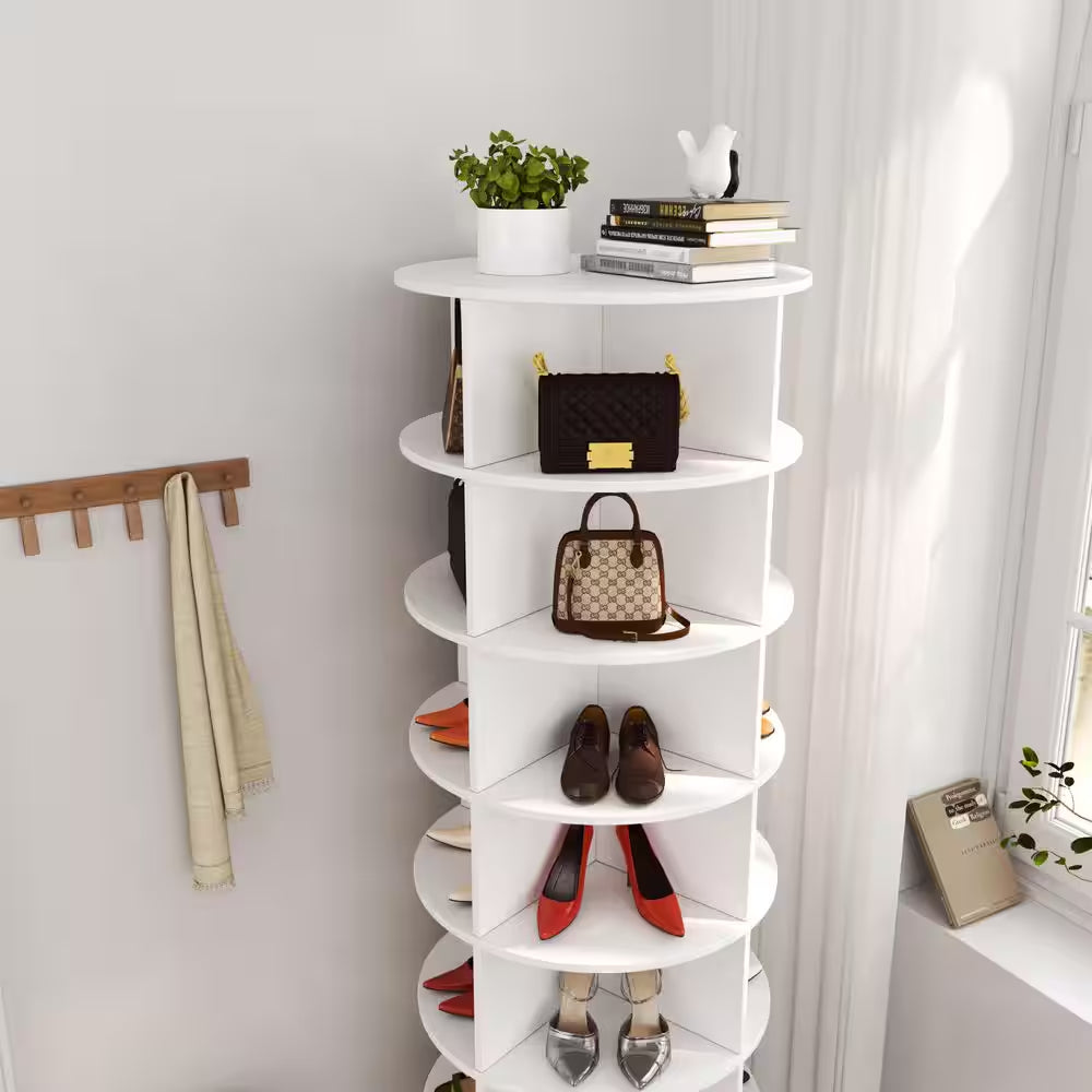 65 In. H 28 Shoes-Pairs 7 Tier 360° Spinning Rotating White Shoe Rack