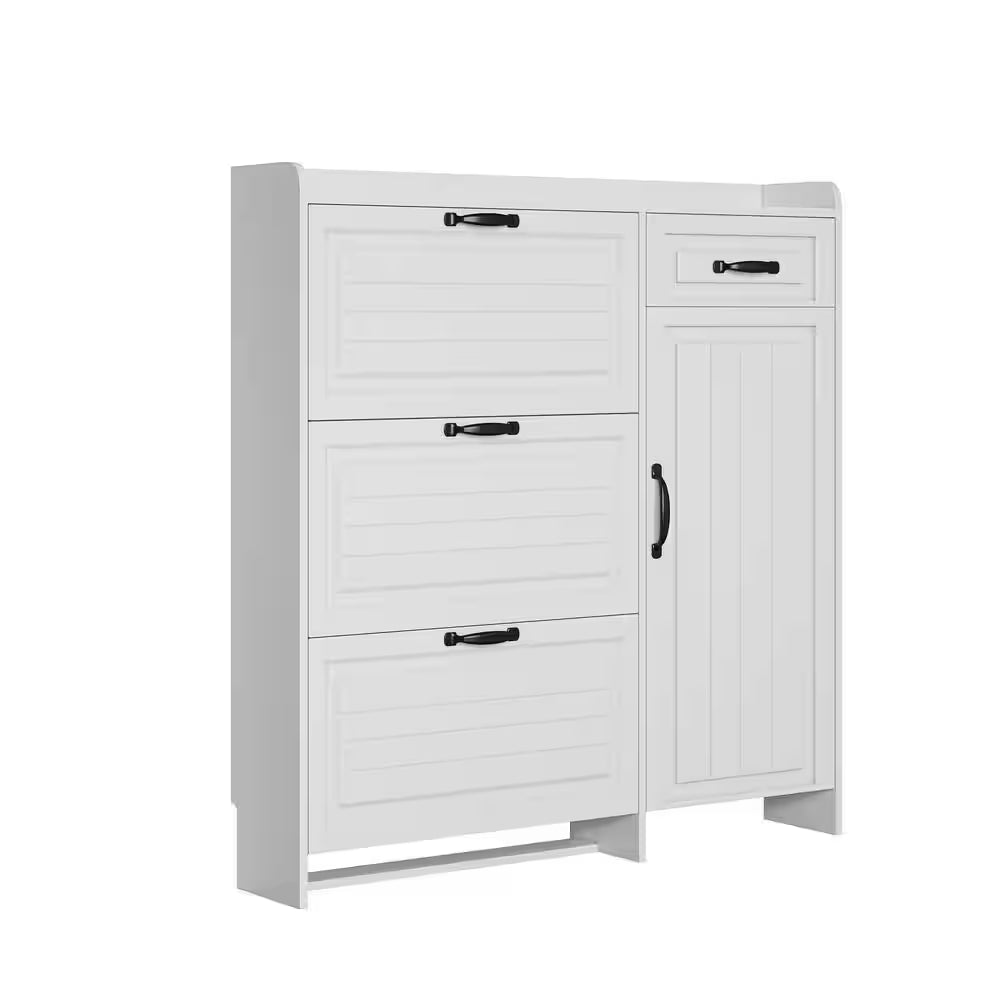 49 In. H X 47 In. W White 4 Doors Shoe Storage Cabinet with 3 Flip Drawers and 1 Drawers 22 Pairs Shoe Cabinet Organizer