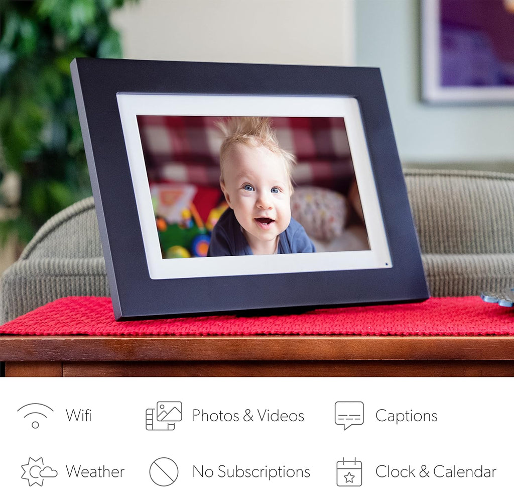 Photoshare 10” Wifi Digital Picture Frame, Send Pics from Phone to Frames, 8 GB, Holds 5,000+ Photos, HD Touchscreen, Black Wood Frame, Easy Setup, No Fees
