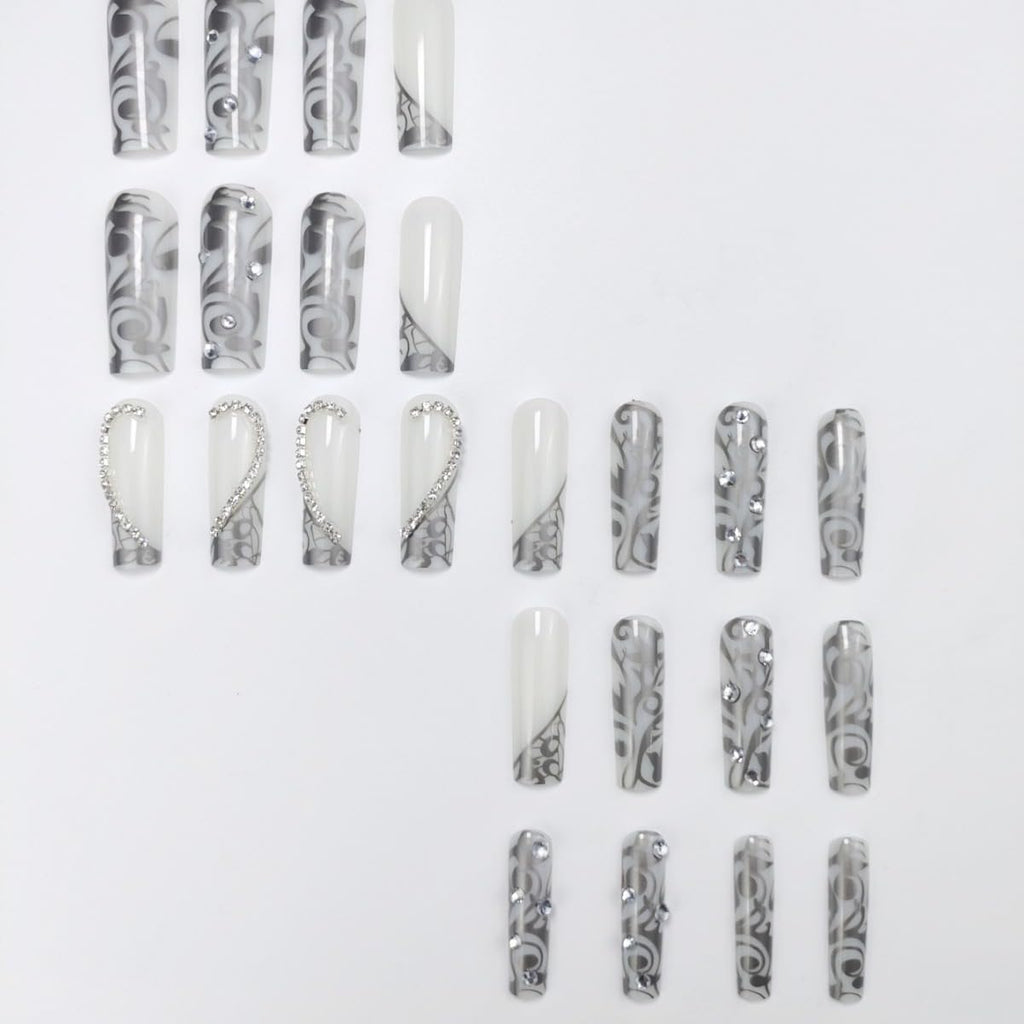 Long Press on Nails Square - Silver French Tip Fake Nails with Heart Design - Rhinestone, Elegant Full Cover Stick on False Nails - for Women 24 Pcs