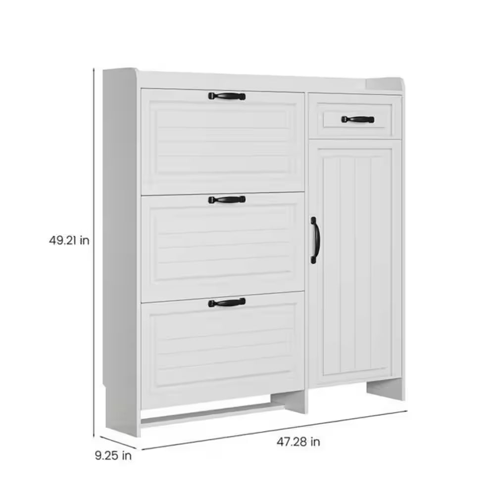 49 In. H X 47 In. W White 4 Doors Shoe Storage Cabinet with 3 Flip Drawers and 1 Drawers 22 Pairs Shoe Cabinet Organizer