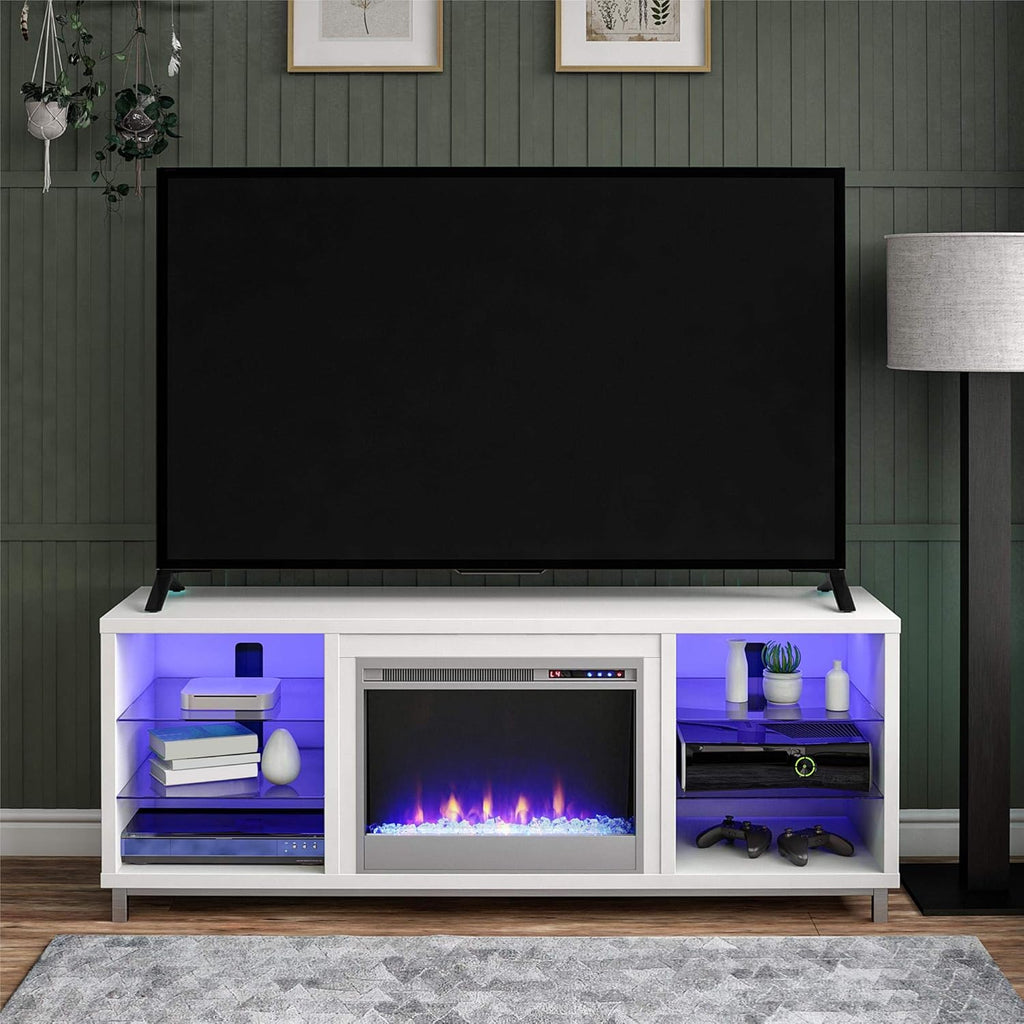 Lumina Fireplace TV Stand for Tvs up to 70 Inch, Replaceable Electric Fireplace Insert Heater, Remote Control, Timer, Color Changing LED Lights, Crystal Ember Flames, White