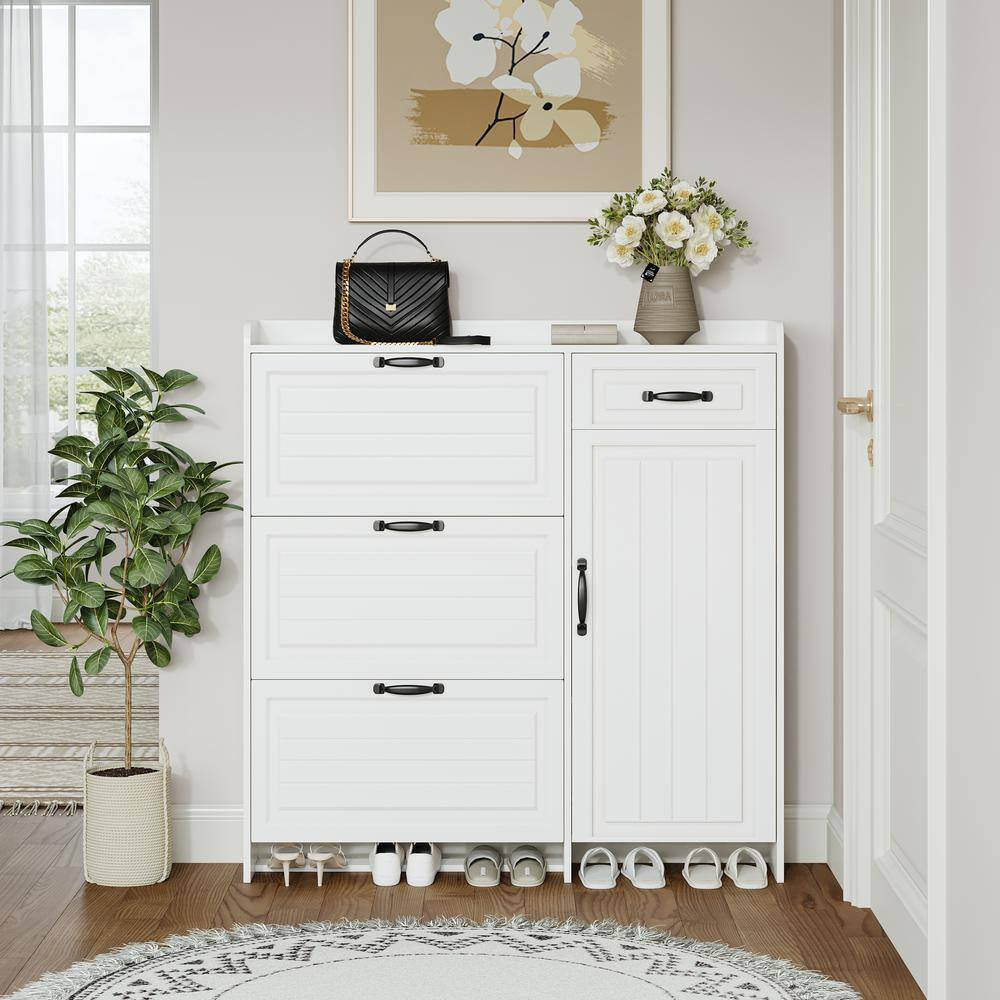 49 In. H X 47 In. W White 4 Doors Shoe Storage Cabinet with 3 Flip Drawers and 1 Drawers 22 Pairs Shoe Cabinet Organizer